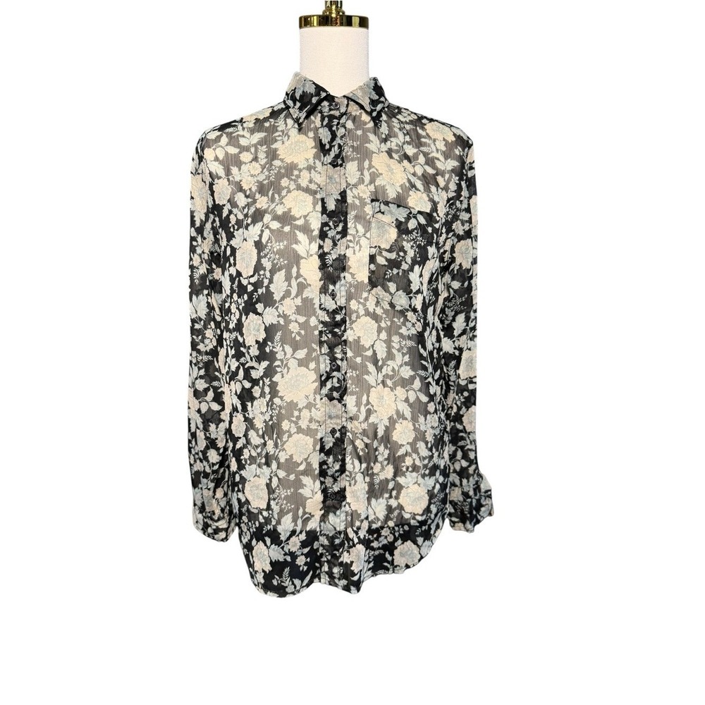 Denim & Supply Ralph Lauren Floral Sheer RL Boyfriend Shirt Black Blue M